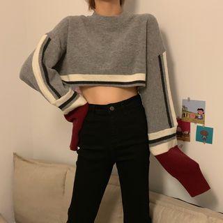 Contrast Trim Loose-fit Cropped Sweater Gray - One Size