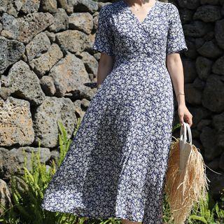 Wrap-front Tie-waist Long Floral Dress