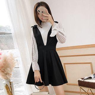 Set: Ruffle Trim Long-sleeve Top + V-neck Jumper Dress