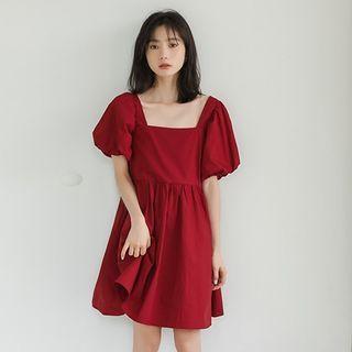 Puff-sleeve Square Plain Dress