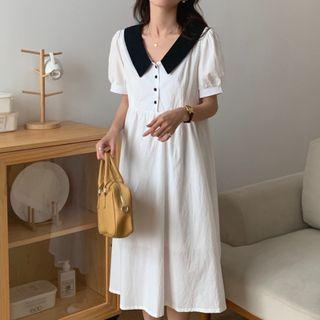 Puff Sleeve Color Block Midi Dress