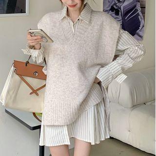 V-neck Sweater Vest / Long-sleeve Striped Mini Shirtdress