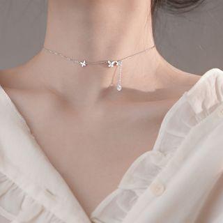 925 Sterling Silver Rhinestone Choker 925 Silver - Butterfly - Silver - One Size