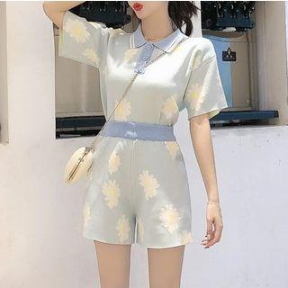 Set: Short-sleeve Floral Knit Polo Shirt + Knit Shorts Blue - One Size