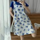 Plain Short-sleeve T-shirt / Flower Print Jumper Dress