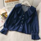 Ruffled Denim V-neck Blouse Dark Blue - One Size