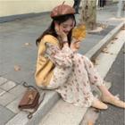 Long-sleeve Flower Print Midi Dress / V-neck Sweater Vest / Set