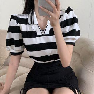Striped Short-sleeve Polo Shirt Stripes - Black & White - One Size