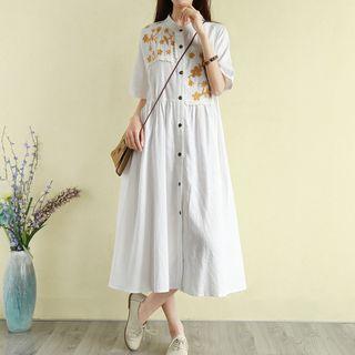 Elbow-sleeve Embroidered Buttoned Midi Dress