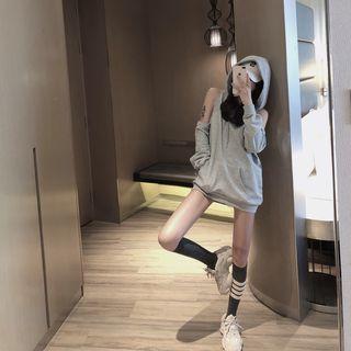 Cut-out Long-sleeve Hooded Pullover Gray - One Size