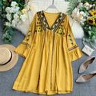 Long-sleeve Embroidered Shift Dress
