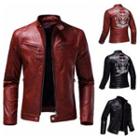 Skull Print Faux Leather Zip-up Jacket