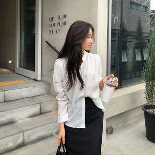 Mandarin-collar Plain Blouse