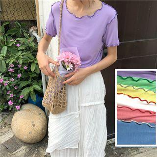 Color-block Frilled Short-sleeve Slim-fit Top