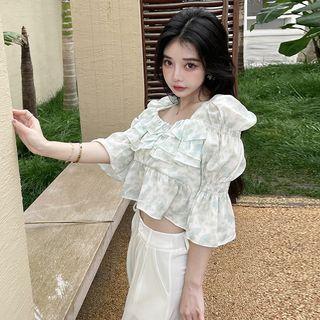 Elbow-sleeve Tiered Cropped Blouse Green - One Size