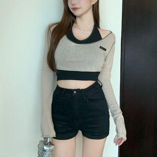 Set: Crop Tank Top + Long-sleeve Crop T-shirt Set Of 2 - Camisole - Black - One Size / T-shirt - Khaki - One Size