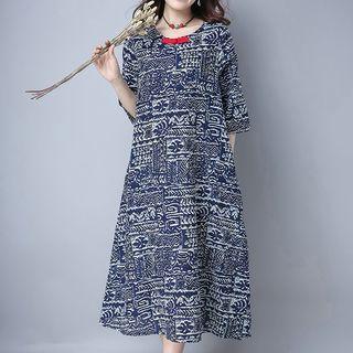 3/4-sleeve Patterned A-line Midi Dress