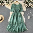 Puff-sleeve Round-neck Plain Lace Panel Dress