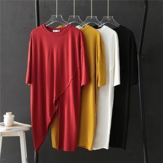Plain Elbow-sleeve Asymmetric Slit T-shirt