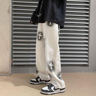 High Waist Crisscross Print Wide Leg Jeans