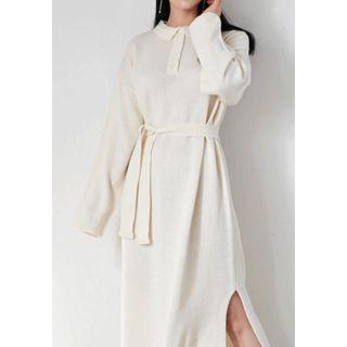 Boxy Knit Midi Polo Dress With Sash