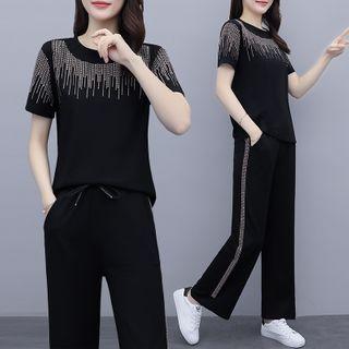 Set: Short-sleeve Rhinestone T-shirt + Wide-leg Pants