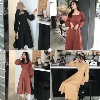 Square-neck Long-sleeve Midi Dress