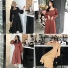 Square-neck Long-sleeve Midi Dress