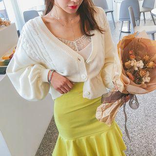 Plunge-neck Balloon-sleeve Cable Cardigan