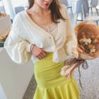 Plunge-neck Balloon-sleeve Cable Cardigan