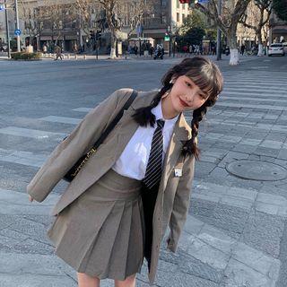 Single-breasted Blazer / Pleated Mini A-line Skirt / Striped Tie / Shirt / Set