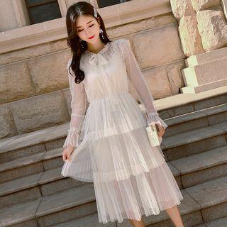 Long-sleeve Lace Trim Midi Layered Mesh Dress