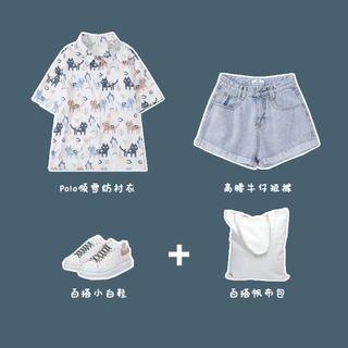 Short-sleeve Cat Print Chiffon Shirt / Washed Denim Shorts