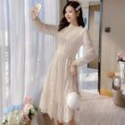 Knit Panel Long-sleeve A-line Midi Lace Dress