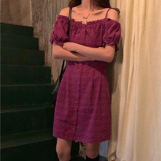 Plaid Off-shoulder Short-sleeve Dress As Shown In Figure - One Size