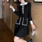 Long-sleeve Contrast Trim Beaded Knit A-line Dress Black - One Size