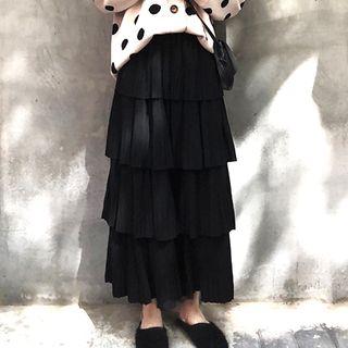 High-waist Layered Medium Long Skirt