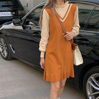Mock Two-piece Two-tone Knit A-line Dress