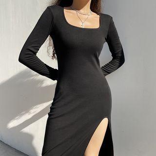 Long Sleeve Square-neck Plain Velvet Slit Midi Dress