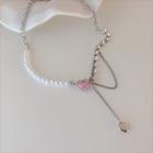 Heart Rhinestone Faux Pearl Alloy Necklace Pink - One Size