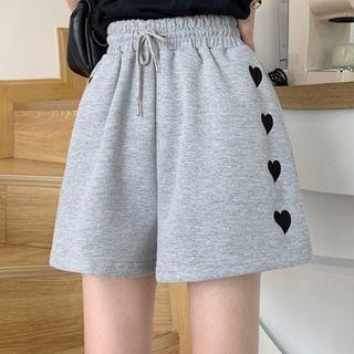 Drawstring Embroidered Heart Sports Shorts