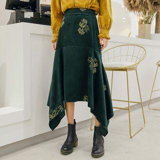 Floral Embroidery Velvet Midi Skirt