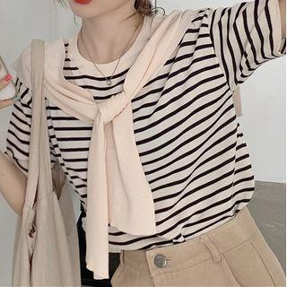 Mock Two-piece Striped Panel Short-sleeve T-shirt Dark Blue - One Size