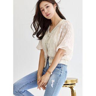Metallic-trim Chiffon Blouson Jacket Beige - One Size