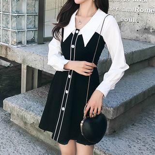 Balloon-sleeve Two-tone Collar Dress