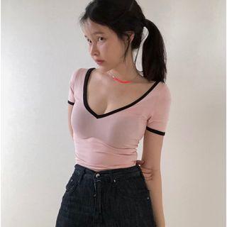 V-neck Short-sleeve T-shirt Pink - One Size