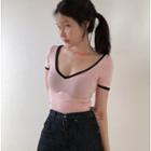 V-neck Short-sleeve T-shirt Pink - One Size
