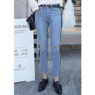 Slashed Tapered Two-tone Jeans