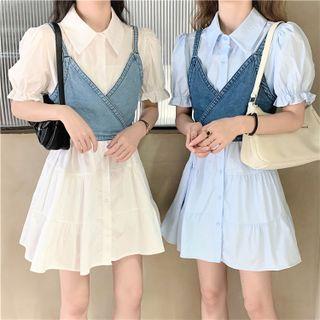Puff-sleeve A-line Shirtdress / Denim Camisole Top
