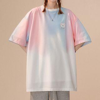 Elbow-sleeve Tie-dye Bear Print T-shirt